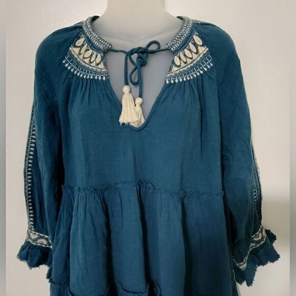 Free People V-neck oversized fit embroidered teal tunic top size small - Picture 4 of 15